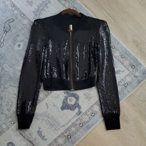 RN Convertible Black Sequin Stretchy Cropped Zip Jacket SzS